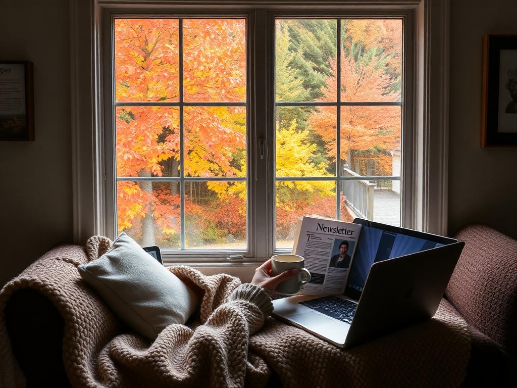 Cozy newsletter reading scene